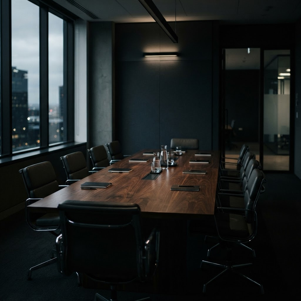 Empty modern boardroom with a long table, set for facilitation