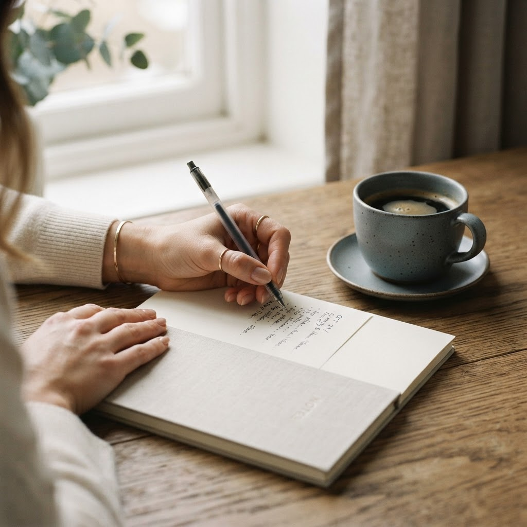 Hands writing in a notebook beside a coffee cup