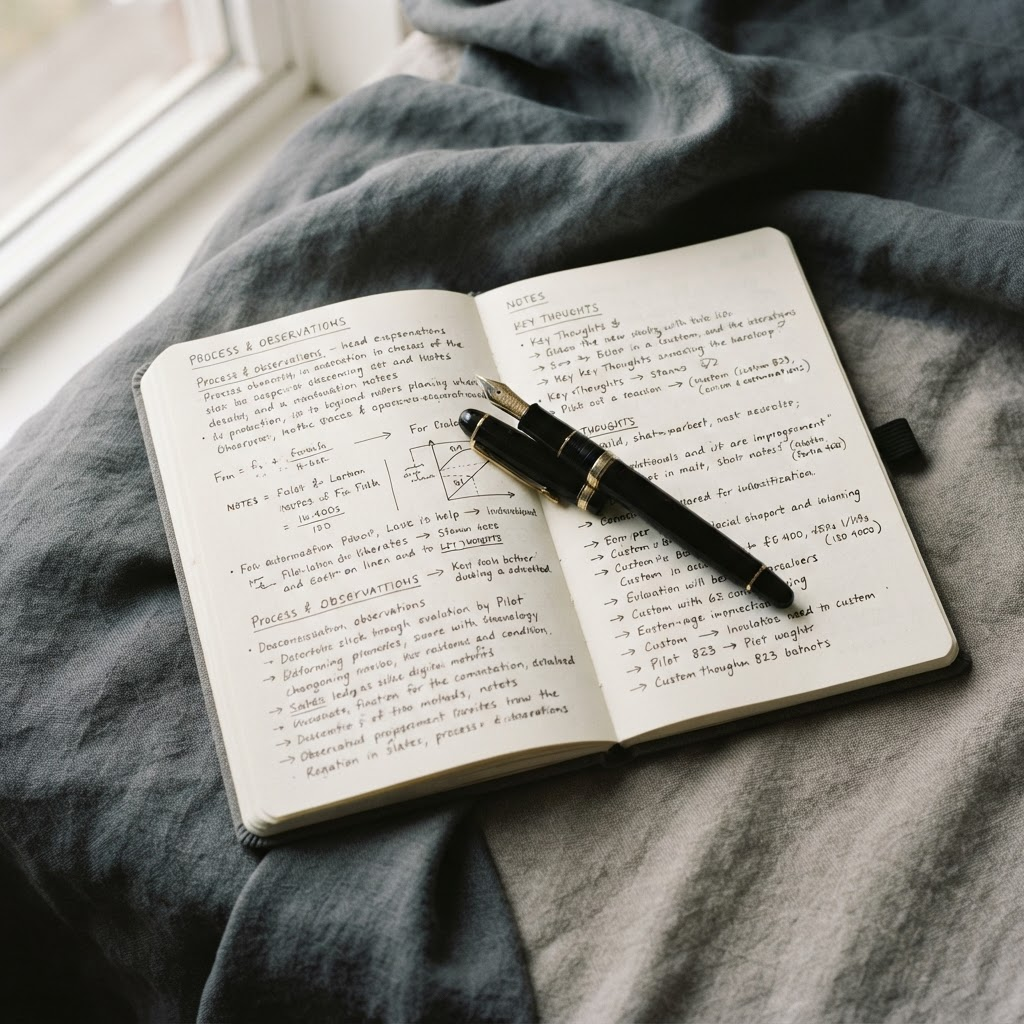 Open notebook with handwritten notes on draped linen fabric