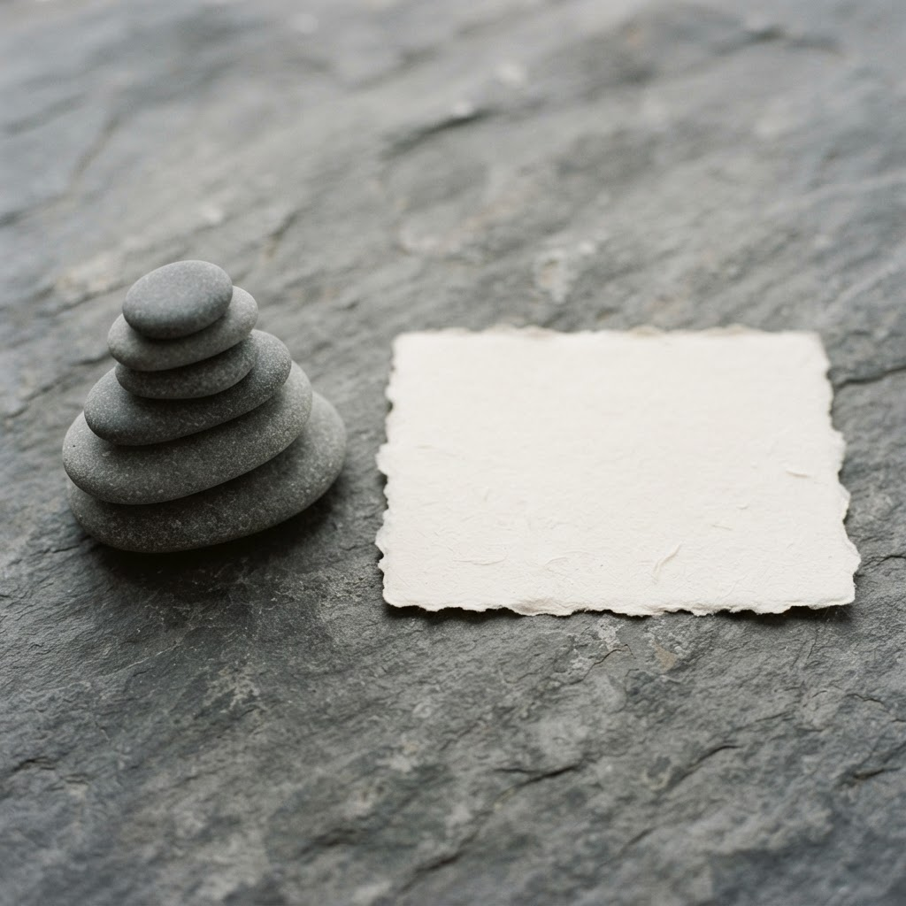 Smooth stones stacked beside torn paper on a stone surface